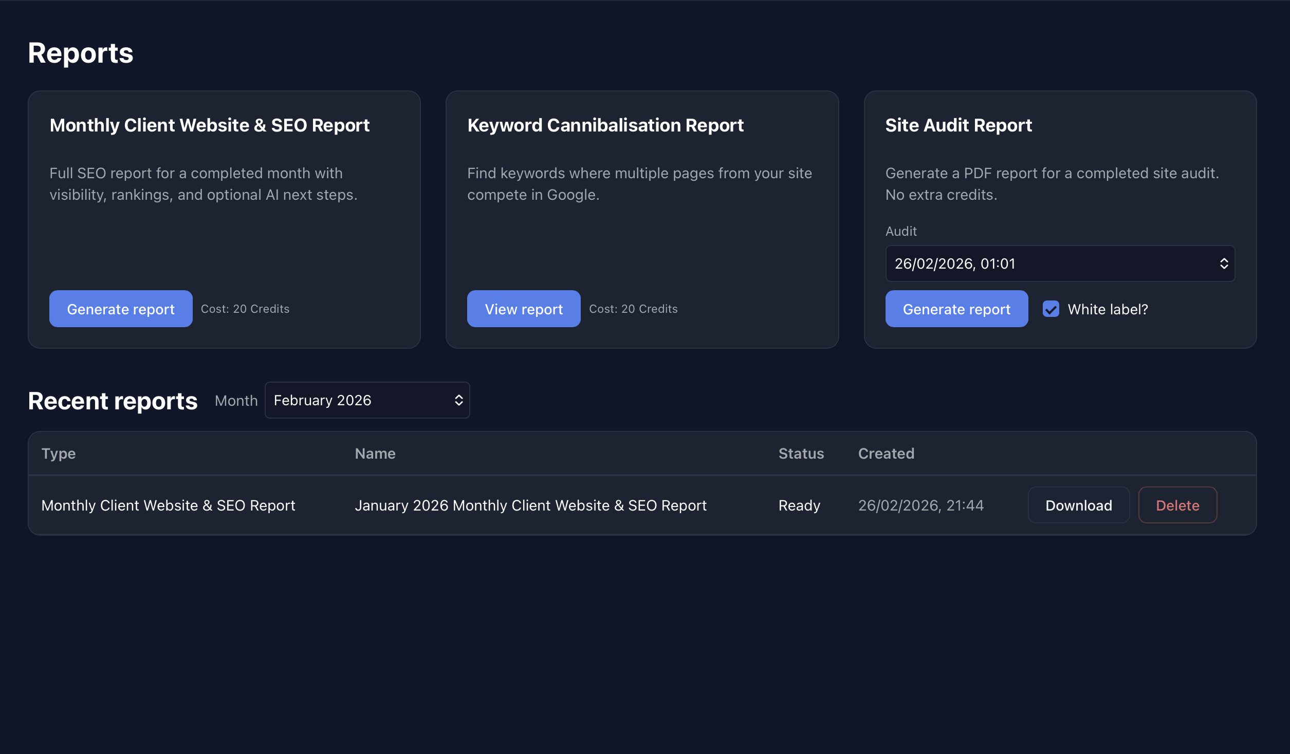 Client report preview with PDF export and white-label options