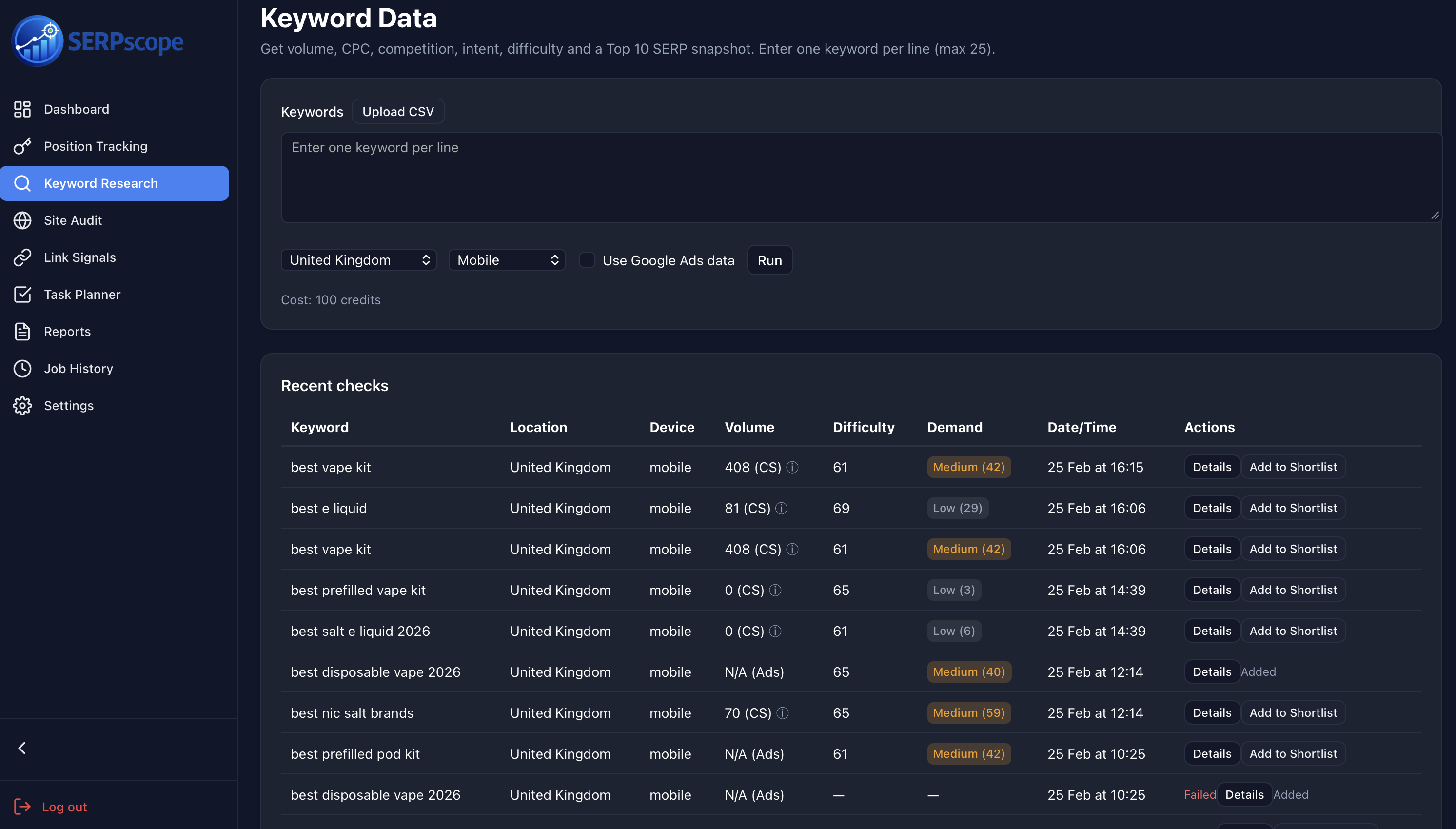 Keyword research tool with search volume, difficulty, and UK-focused data