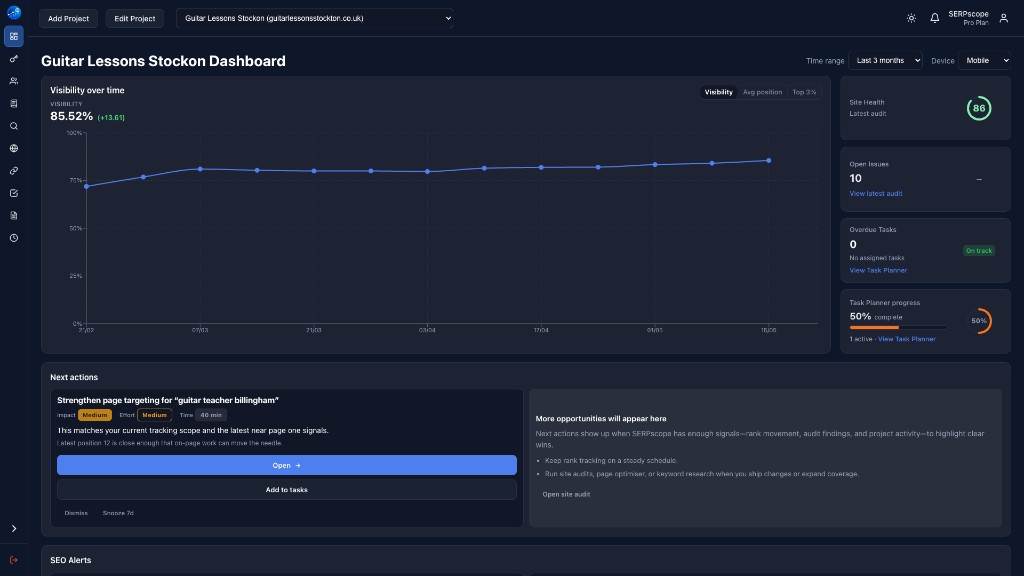 SERPscope project dashboard showing visibility trends, site health, and prioritized next actions